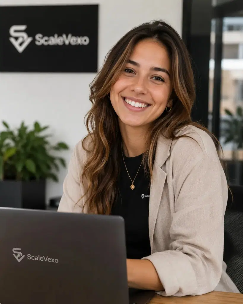 ScaleVexo team member at a branded studio desk